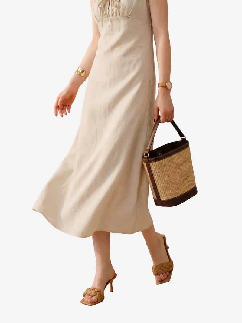 MY FASHION Beige Natural MY FASHION Midi Linen Dress with Tie Detail for Women | Best Price UAE